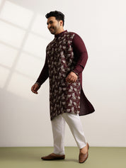Men's Cotton Wine Long Kurta With Metallic Thread Embroidery