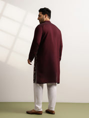 Men's Cotton Wine Long Kurta With Metallic Thread Embroidery
