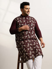 Men's Cotton Wine Long Kurta With Metallic Thread Embroidery