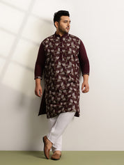 Men's Cotton Wine Long Kurta With Metallic Thread Embroidery