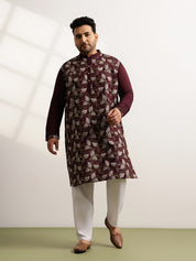 Men's Cotton Wine Long Kurta With Metallic Thread Embroidery