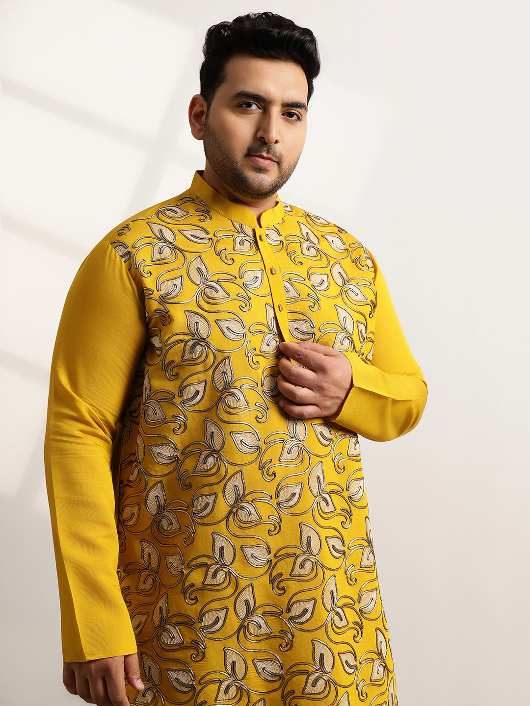 Men's Cotton Mustard Long Kurta With Metallic Thread Embroidery