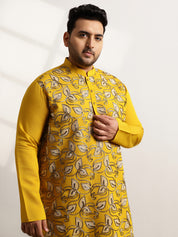 Men's Cotton Mustard Long Kurta With Metallic Thread Embroidery