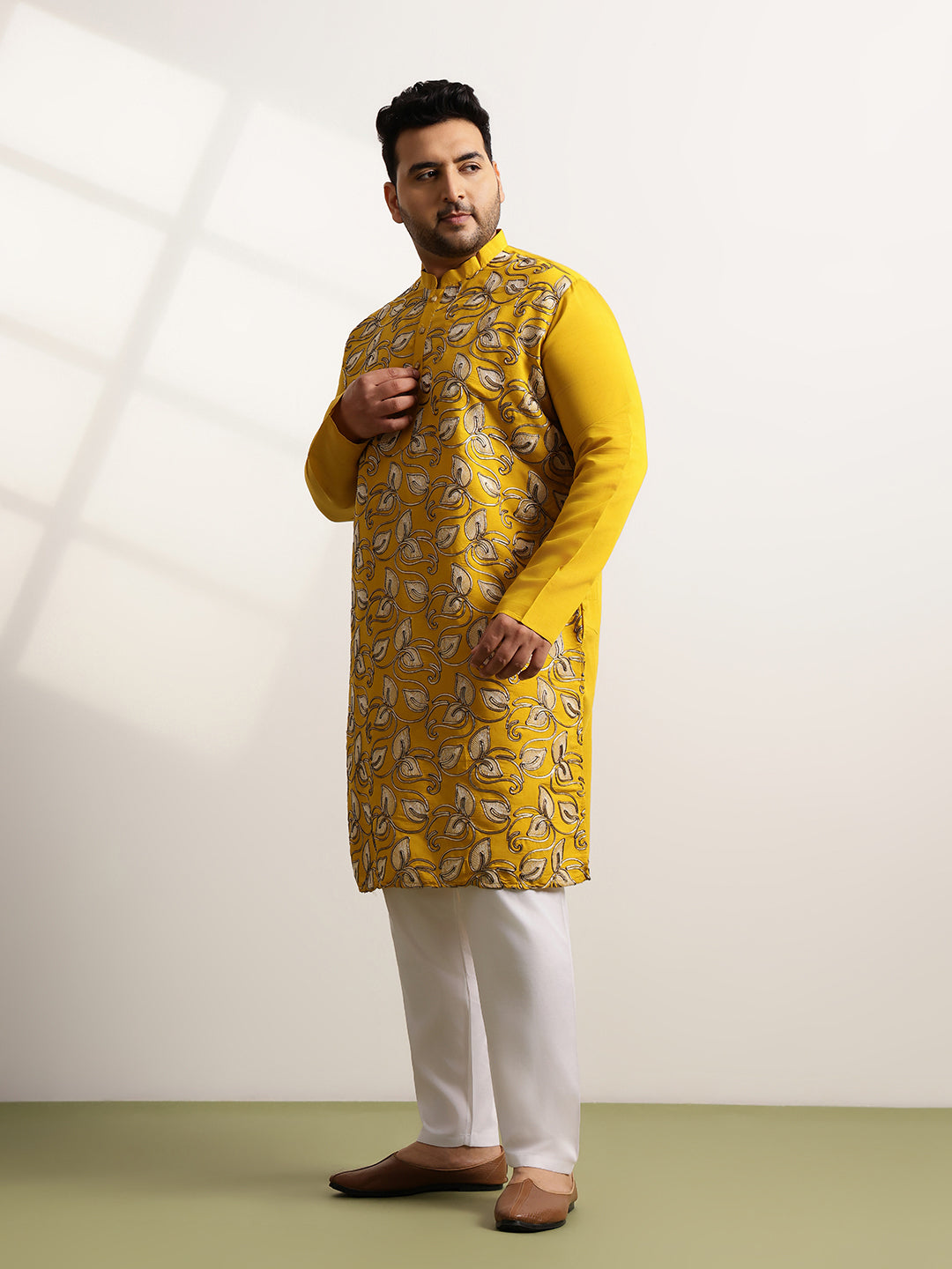 Men's Cotton Mustard Long Kurta With Metallic Thread Embroidery