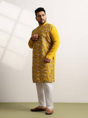 Men's Cotton Mustard Long Kurta With Metallic Thread Embroidery