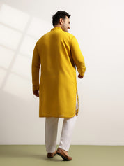 Men's Cotton Mustard Long Kurta With Metallic Thread Embroidery