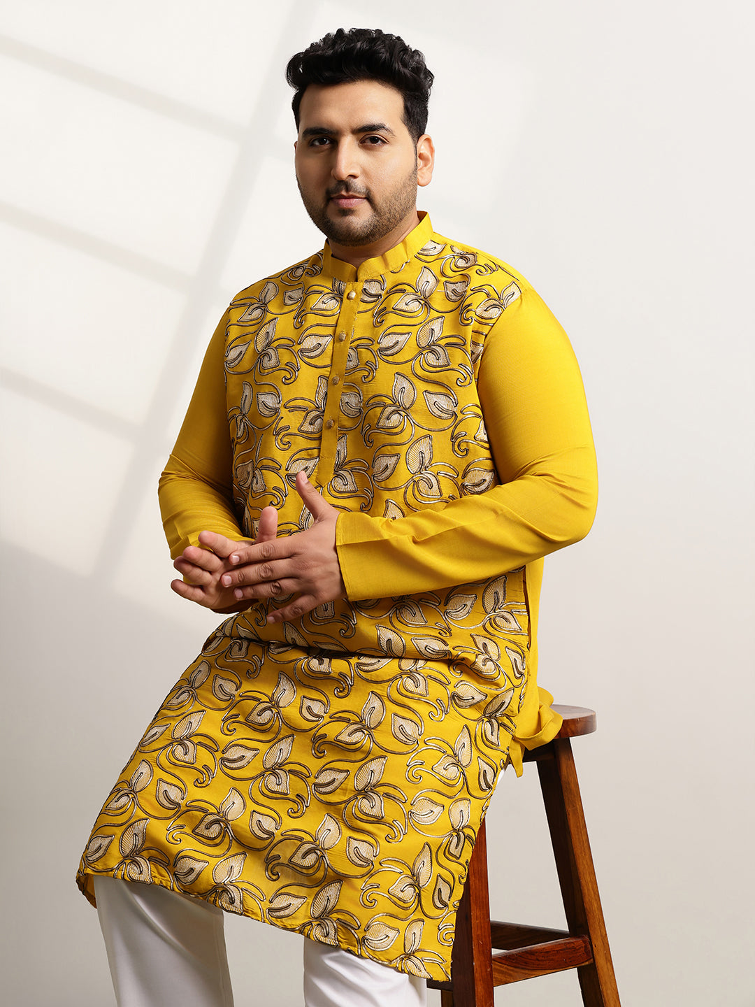 Men's Cotton Mustard Long Kurta With Metallic Thread Embroidery