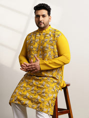 Men's Cotton Mustard Long Kurta With Metallic Thread Embroidery