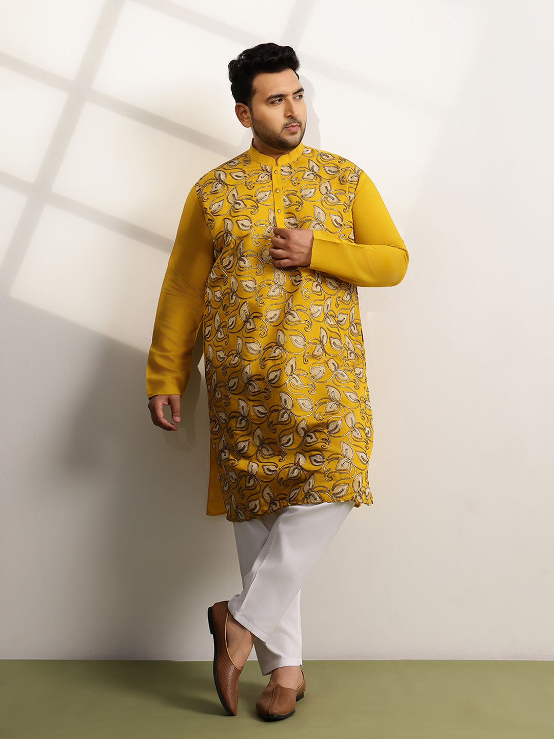 Men's Cotton Mustard Long Kurta With Metallic Thread Embroidery