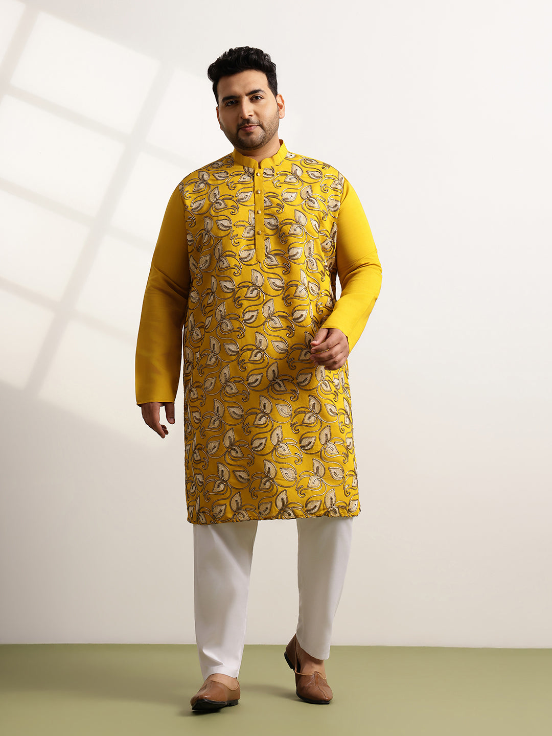Men's Cotton Mustard Long Kurta With Metallic Thread Embroidery