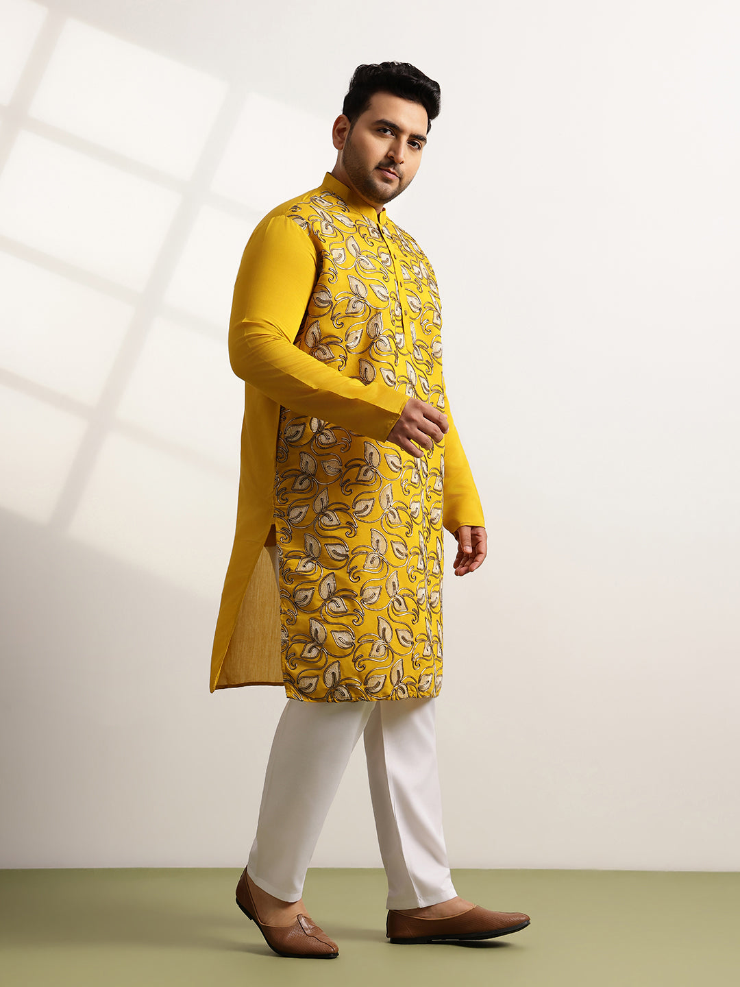 Men's Cotton Mustard Long Kurta With Metallic Thread Embroidery