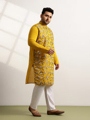 Men's Cotton Mustard Long Kurta With Metallic Thread Embroidery