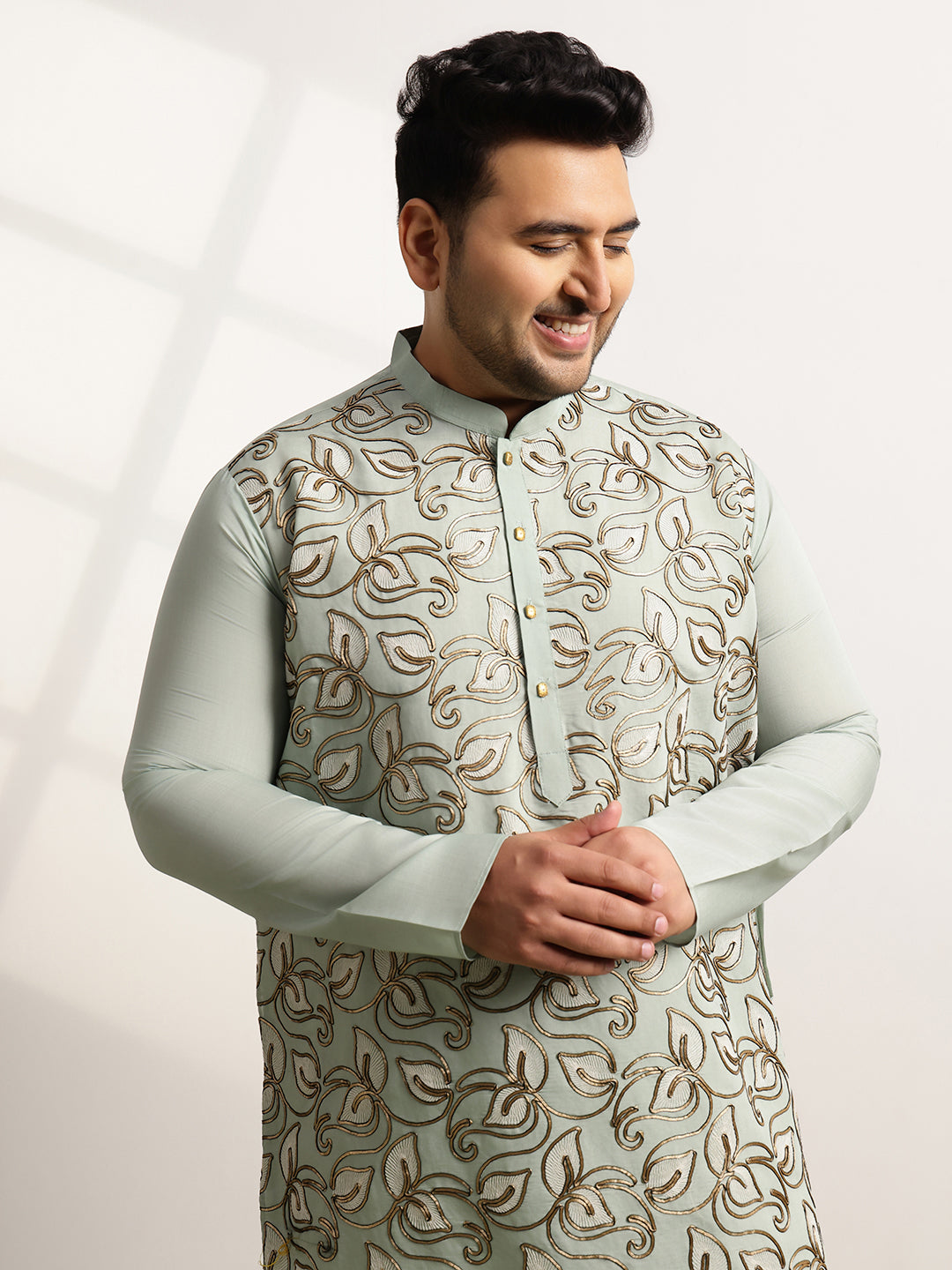 Men's Cotton Sea Green Long Kurta With Metallic Thread Embroidery