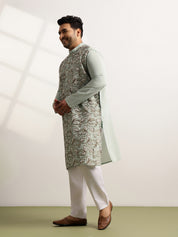 Men's Cotton Sea Green Long Kurta With Metallic Thread Embroidery