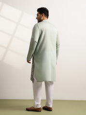 Men's Cotton Sea Green Long Kurta With Metallic Thread Embroidery