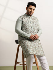 Men's Cotton Sea Green Long Kurta With Metallic Thread Embroidery