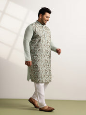 Men's Cotton Sea Green Long Kurta With Metallic Thread Embroidery