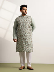 Men's Cotton Sea Green Long Kurta With Metallic Thread Embroidery