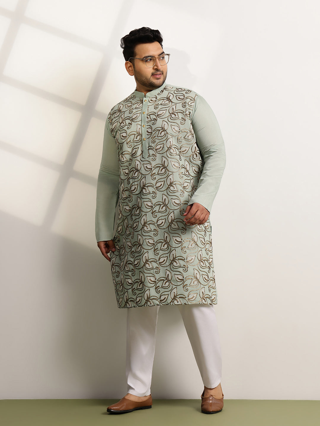 Men's Cotton Sea Green Long Kurta With Metallic Thread Embroidery