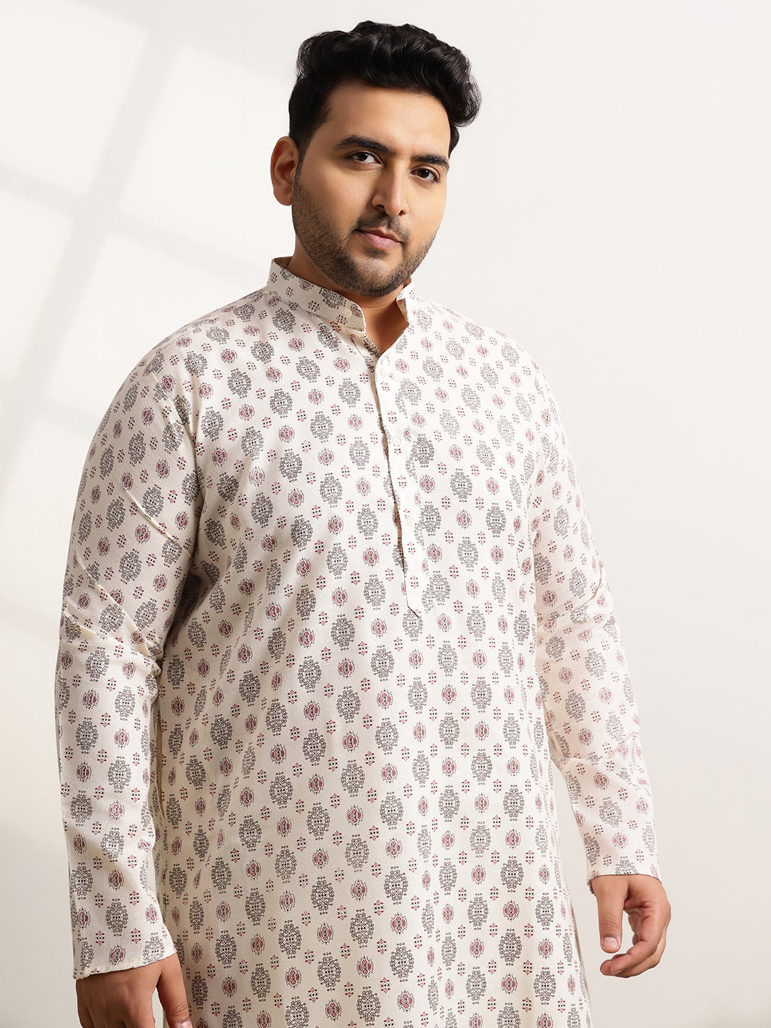 Men's Cotton Printed Cream Ethnic Kurta