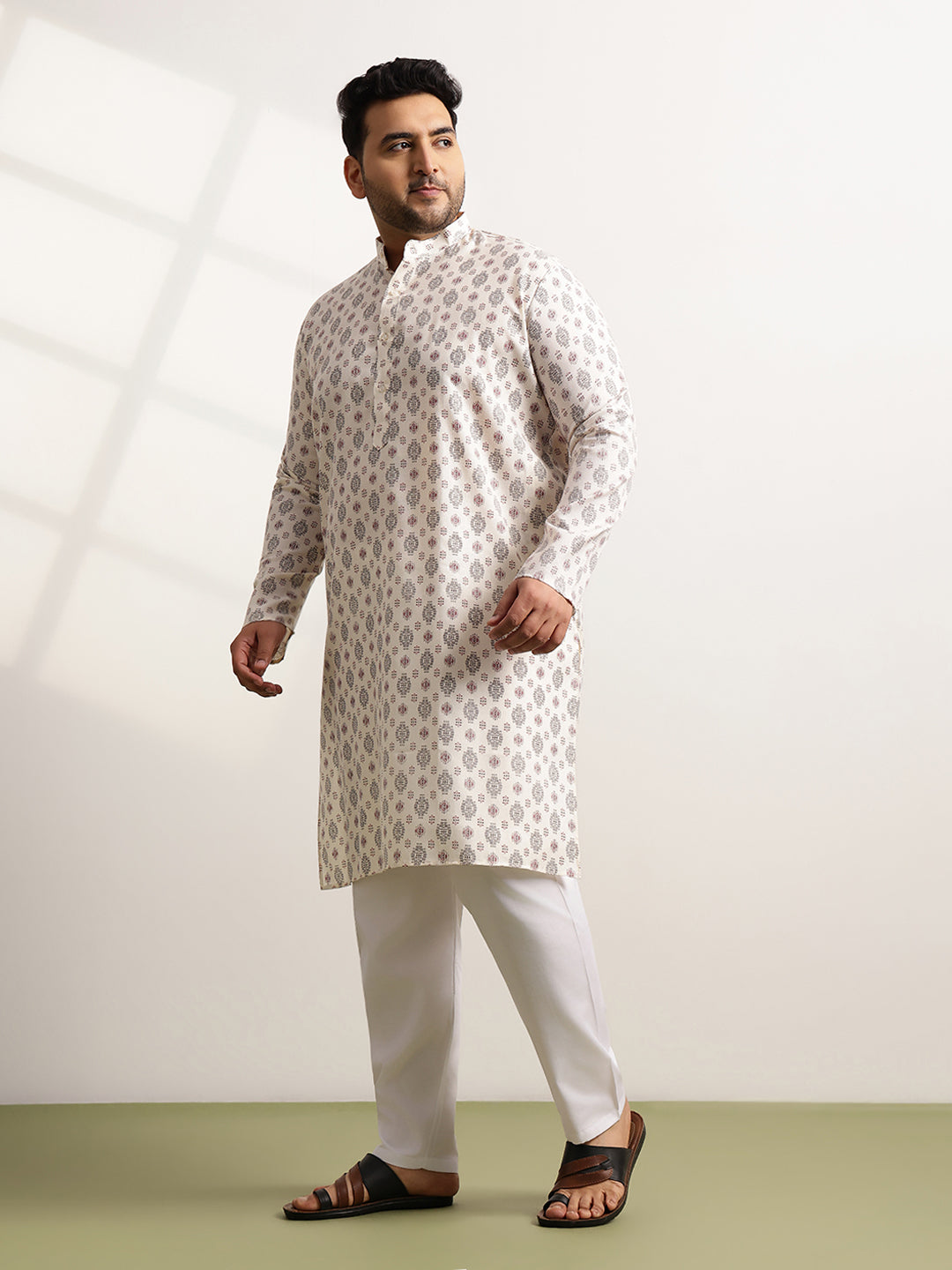 Men's Cotton Printed Cream Ethnic Kurta