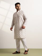 Men's Cotton Printed Cream Ethnic Kurta
