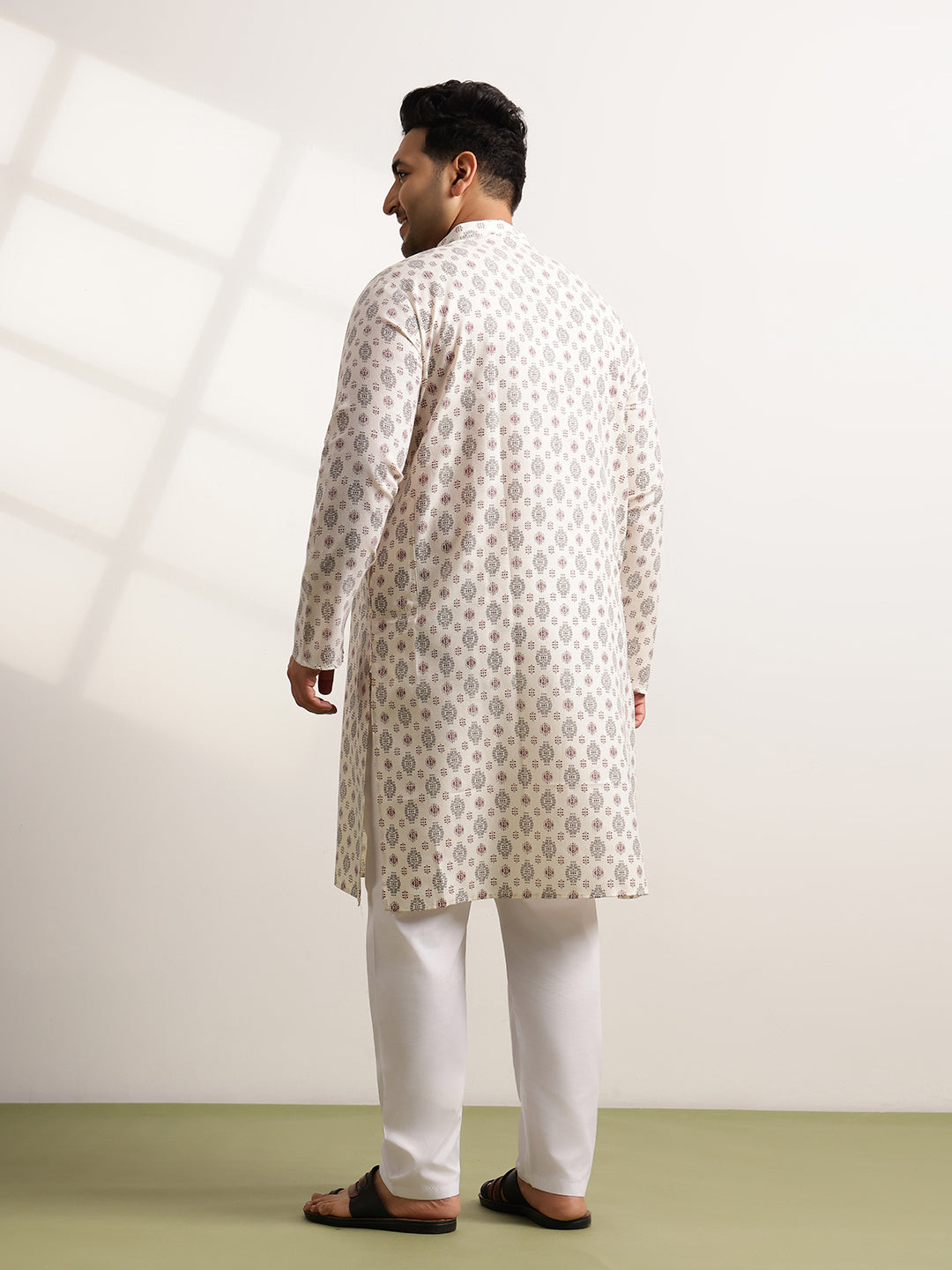 Men's Cotton Printed Cream Ethnic Kurta