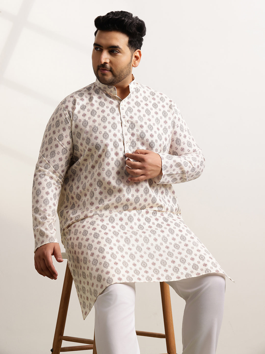 Men's Cotton Printed Cream Ethnic Kurta