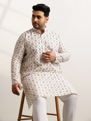 Men's Cotton Printed Cream Ethnic Kurta