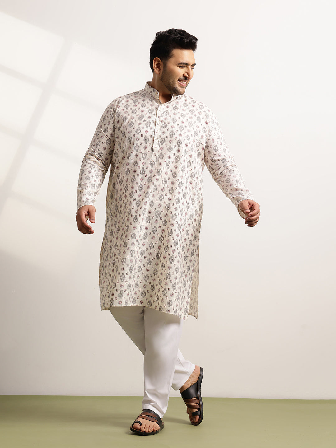 Men's Cotton Printed Cream Ethnic Kurta