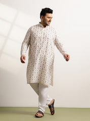 Men's Cotton Printed Cream Ethnic Kurta