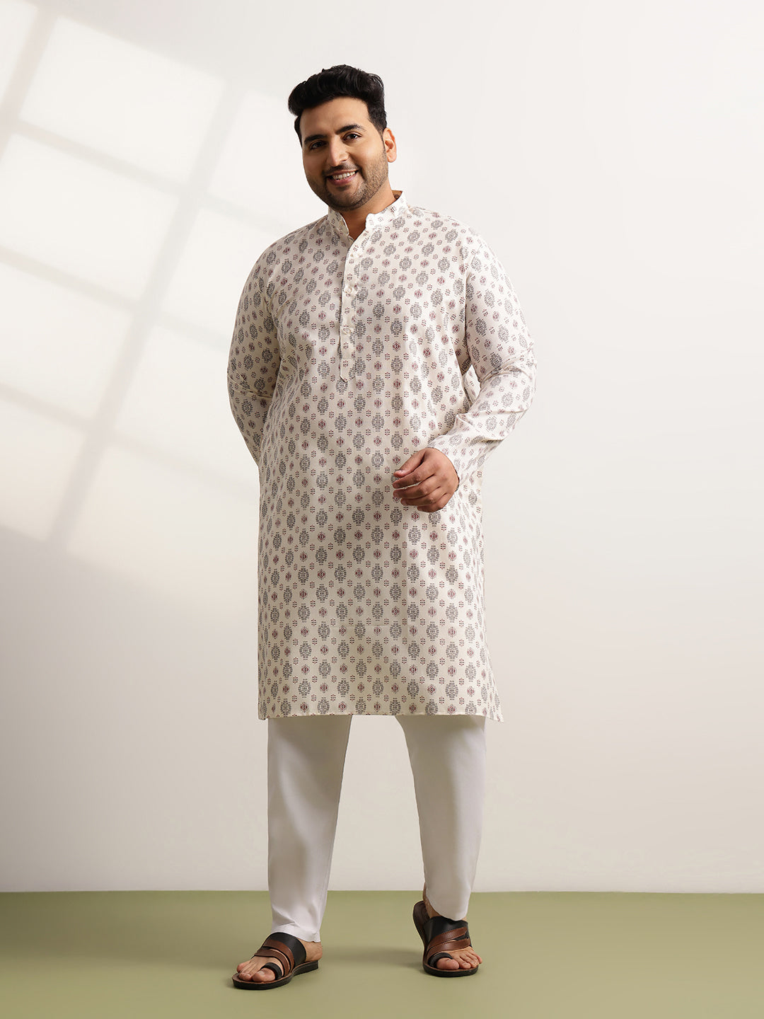 Men's Cotton Printed Cream Ethnic Kurta