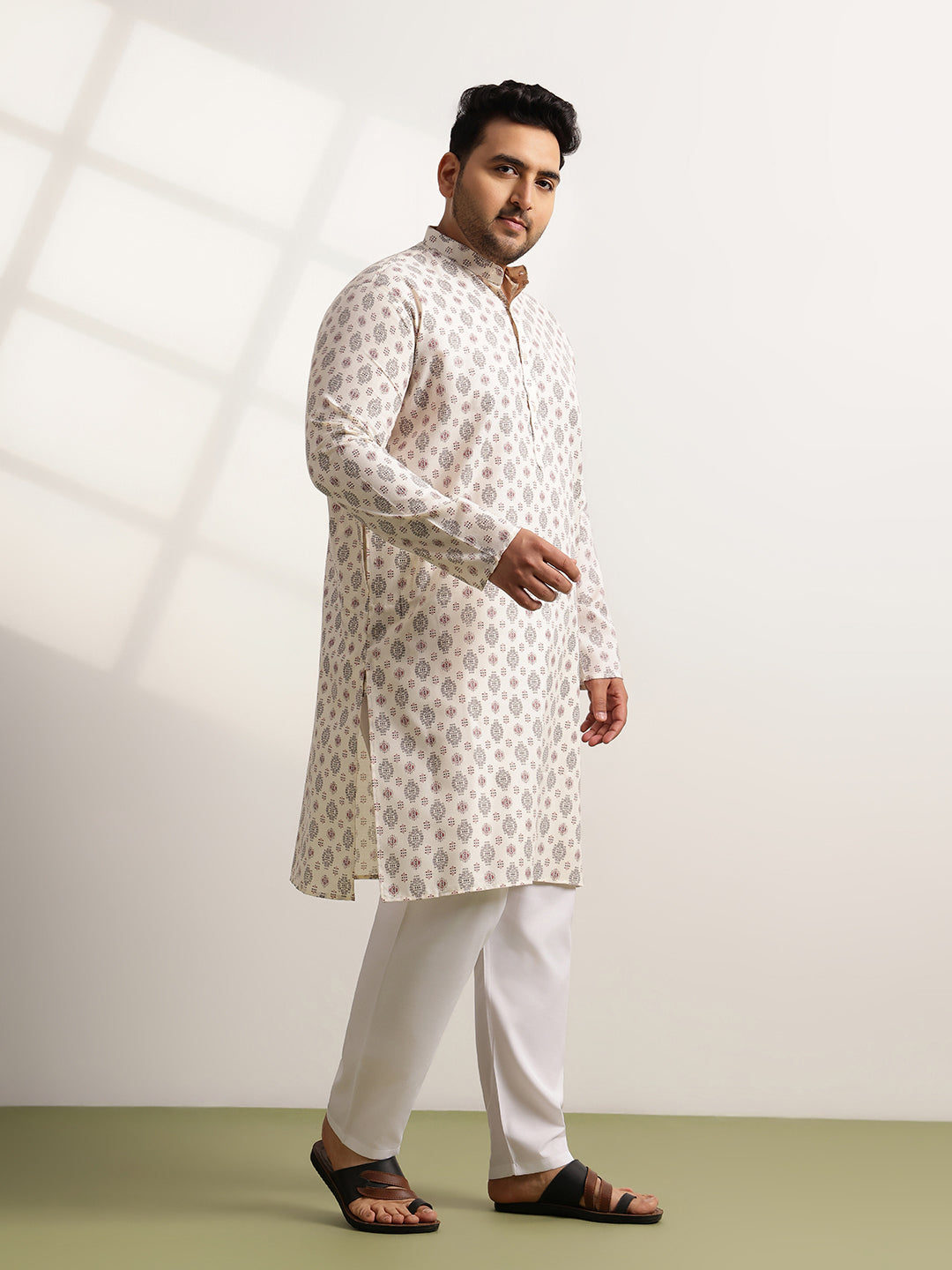 Men's Cotton Printed Cream Ethnic Kurta