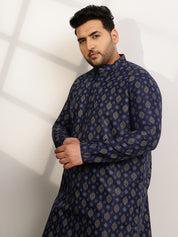 Men's Cotton Printed Navy Blue Ethnic Kurta