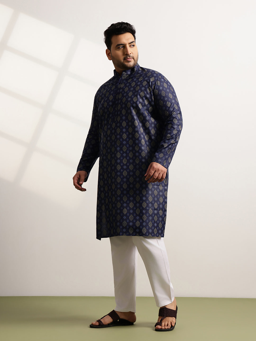 Men's Cotton Printed Navy Blue Ethnic Kurta
