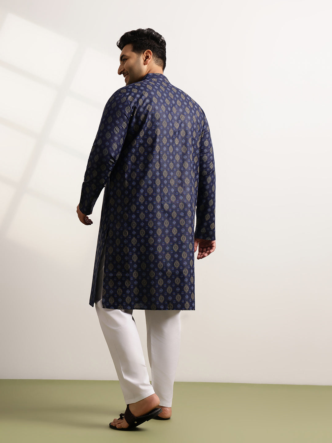 Men's Cotton Printed Navy Blue Ethnic Kurta