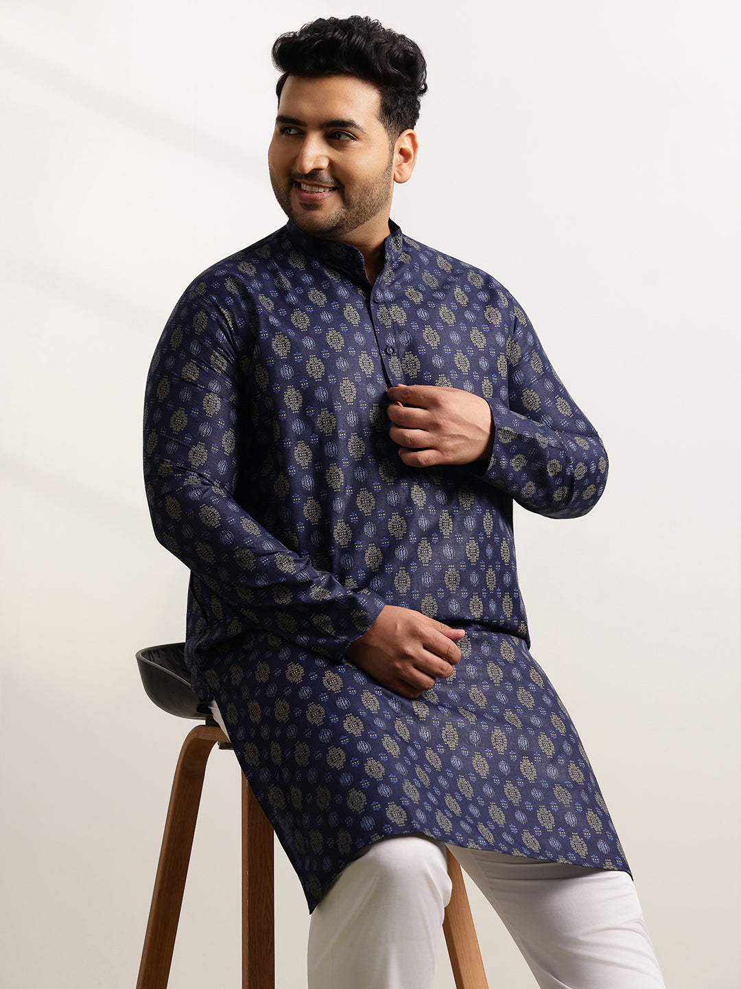 Men's Cotton Printed Navy Blue Ethnic Kurta