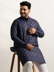 Men's Cotton Printed Navy Blue Ethnic Kurta