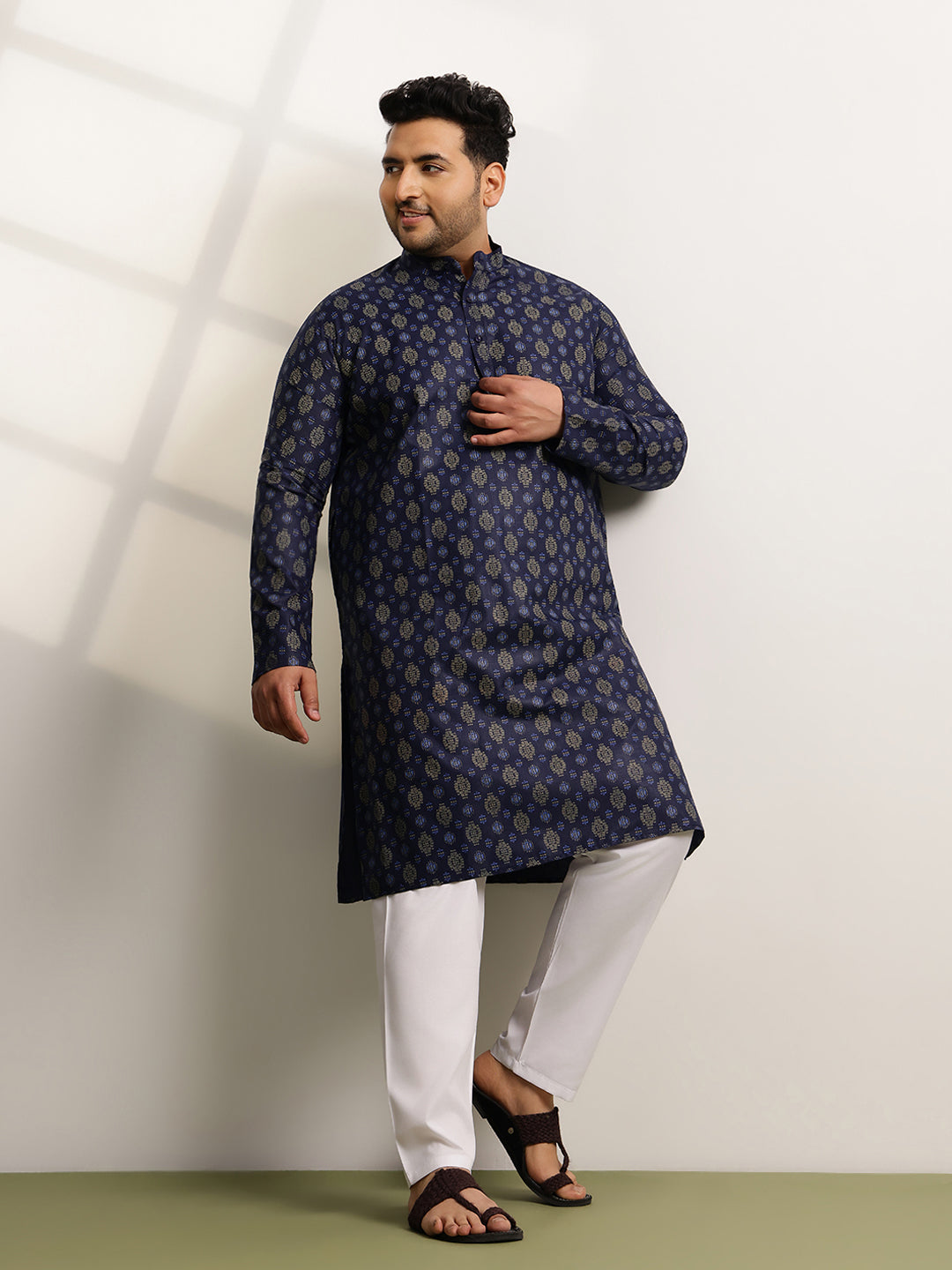 Men's Cotton Printed Navy Blue Ethnic Kurta