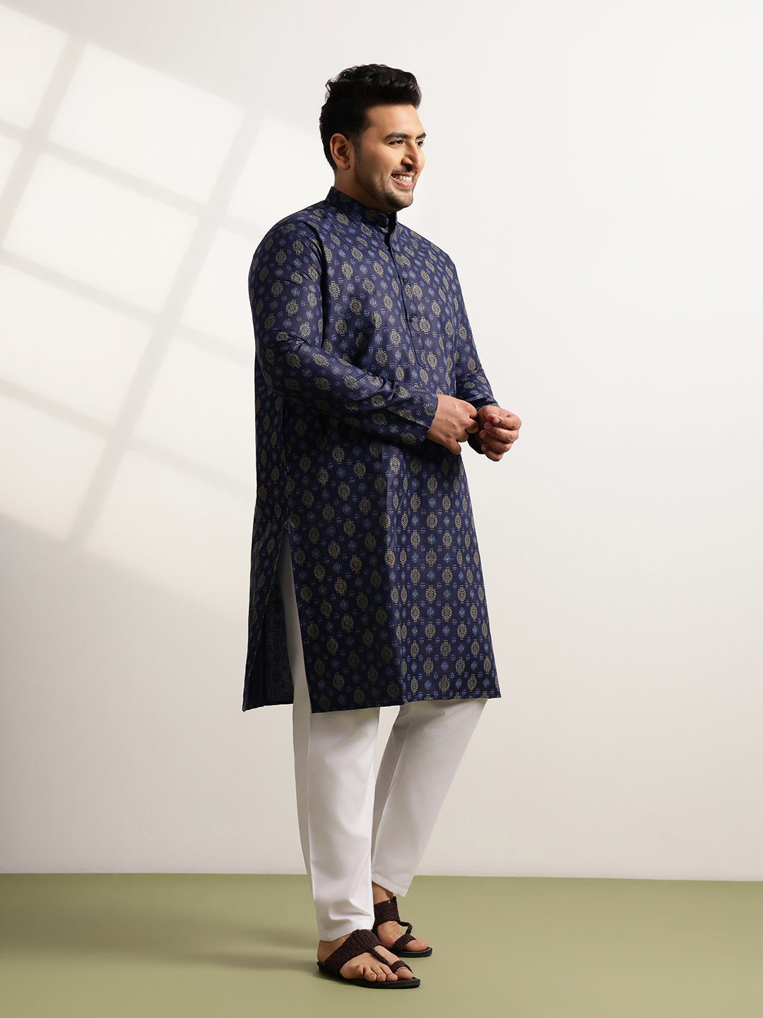 Men's Cotton Printed Navy Blue Ethnic Kurta