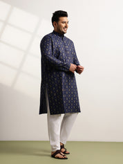 Men's Cotton Printed Navy Blue Ethnic Kurta