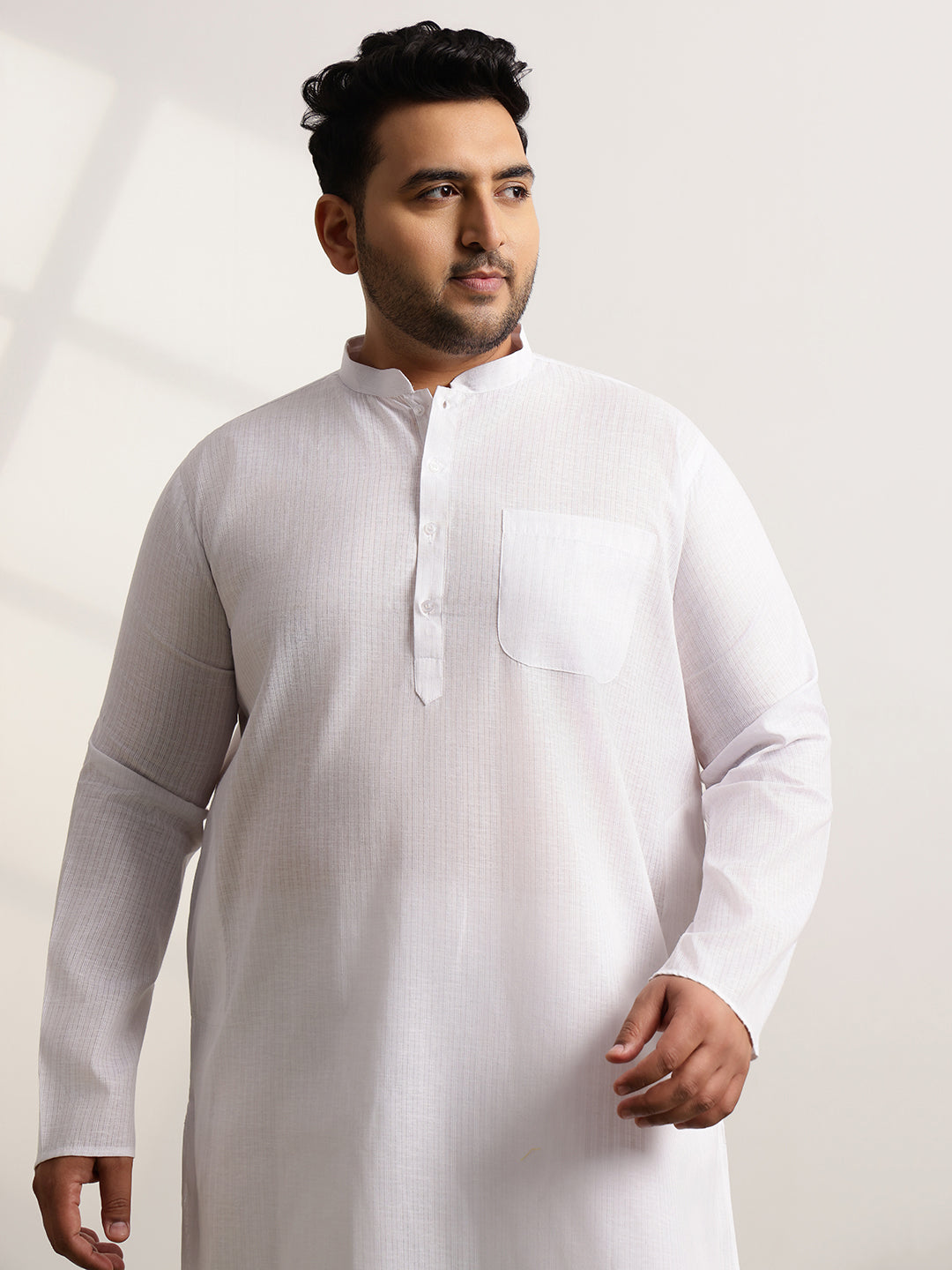 Men's Pure Cotton Self Striped White Long Kurta