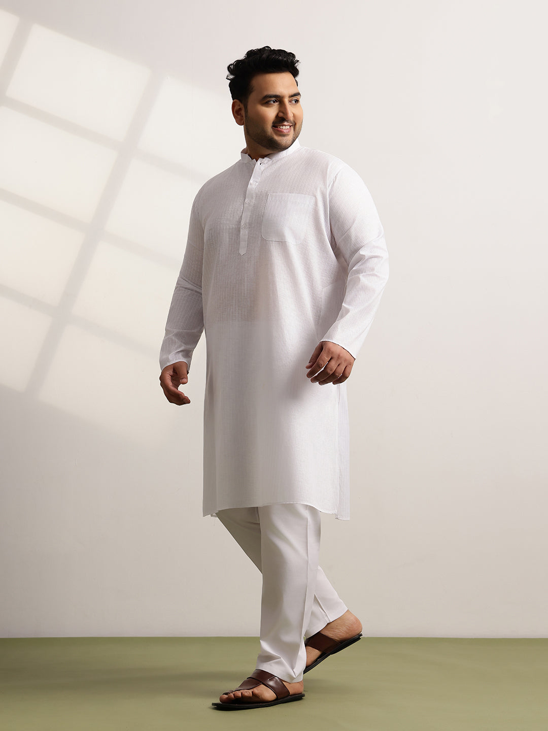 Men's Pure Cotton Self Striped White Long Kurta