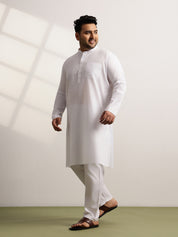 Men's Pure Cotton Self Striped White Long Kurta