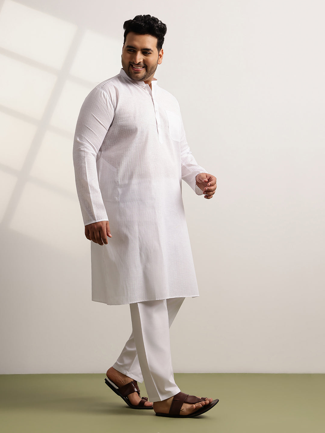 Men's Pure Cotton Self Striped White Long Kurta