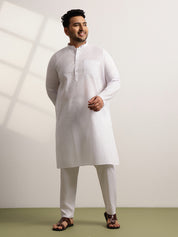 Men's Pure Cotton Self Striped White Long Kurta