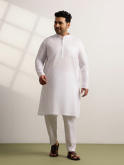 Men's Pure Cotton Self Striped White Long Kurta