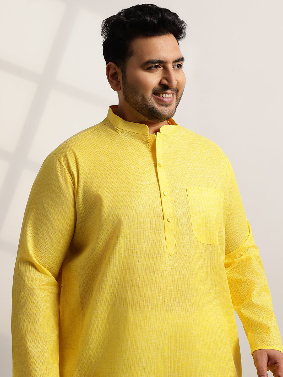 Men's Pure Cotton Self Striped Yellow Long Kurta