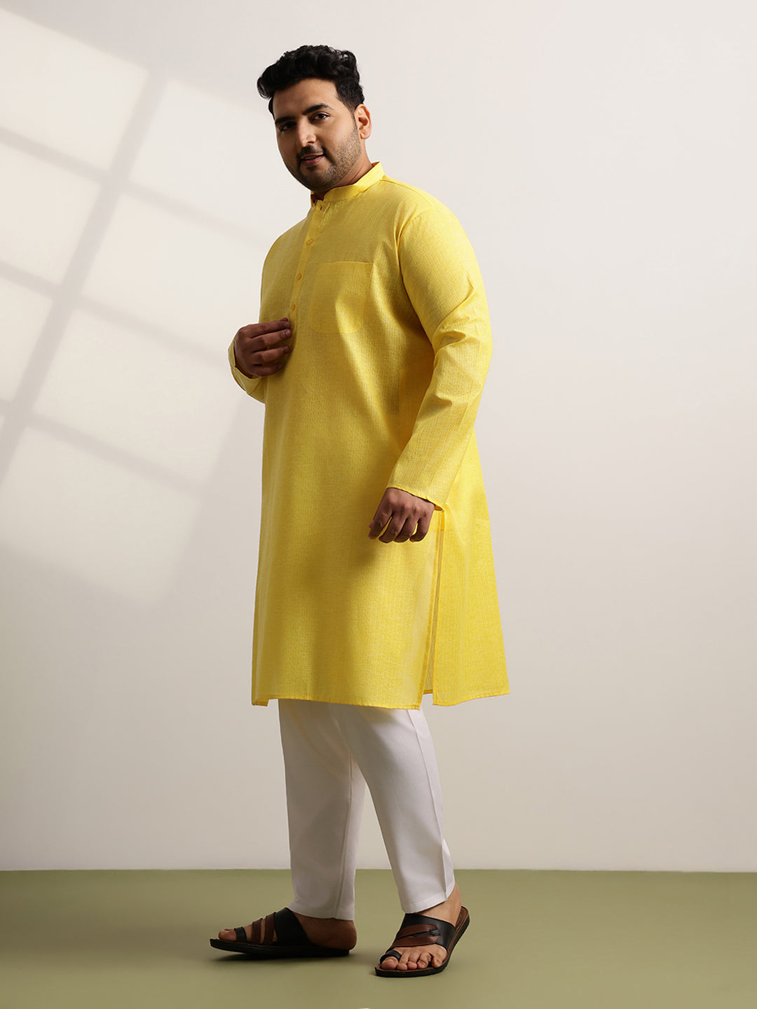 Men's Pure Cotton Self Striped Yellow Long Kurta