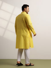 Men's Pure Cotton Self Striped Yellow Long Kurta